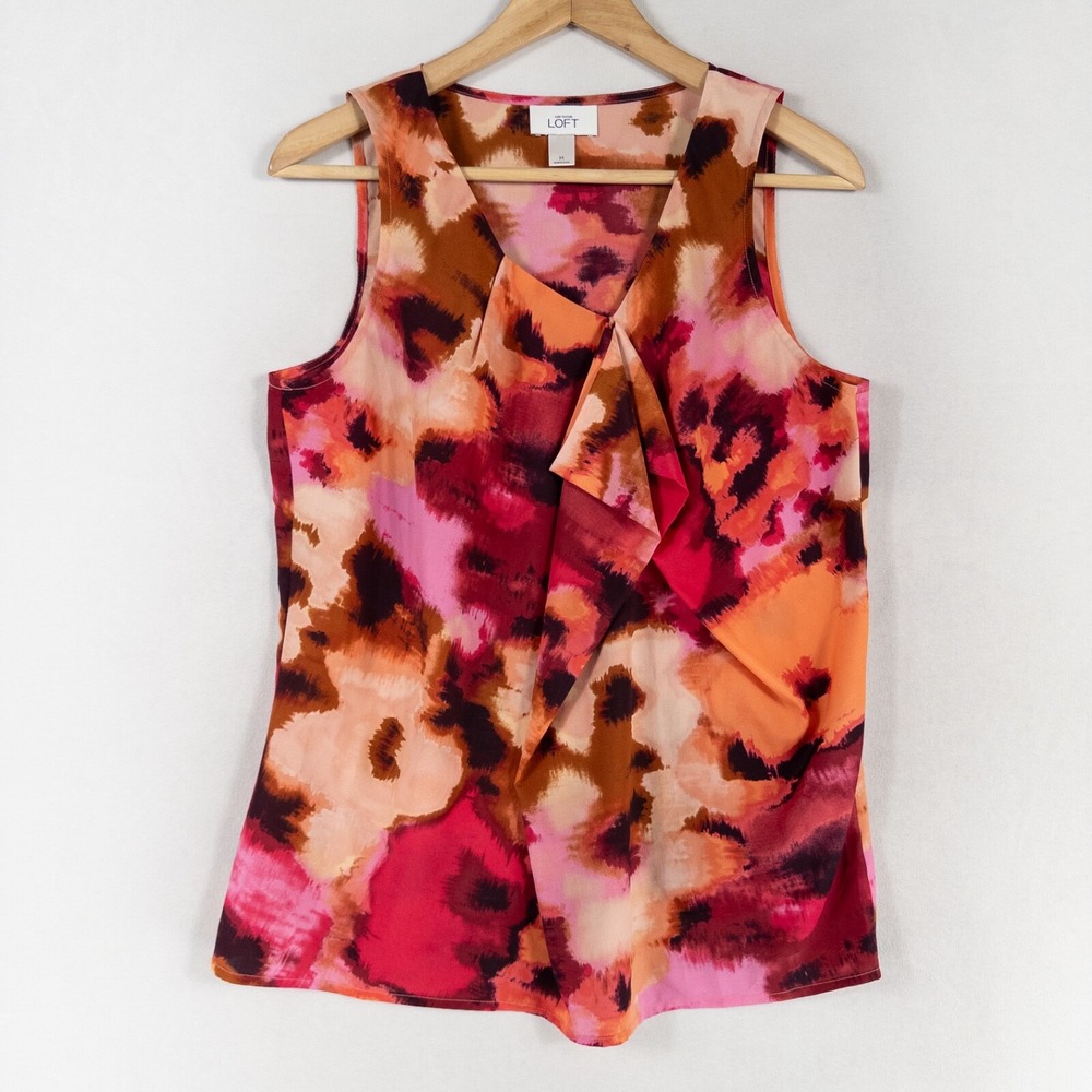 LOFT Sleeveless Ruffled V-Neck Blouse in Pink, Red, Orange, Brown